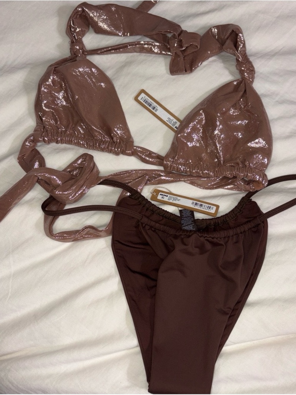 SKIMS Liquid Shine Triangle Bikini Top with Cocoa String Bikini Bottoms NWT